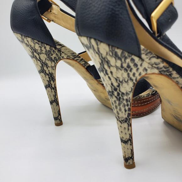 Colin Stuart Leather Cross Strap Faux Snakeskin Stacked Platform Heel Sandal - Picture 9 of 10